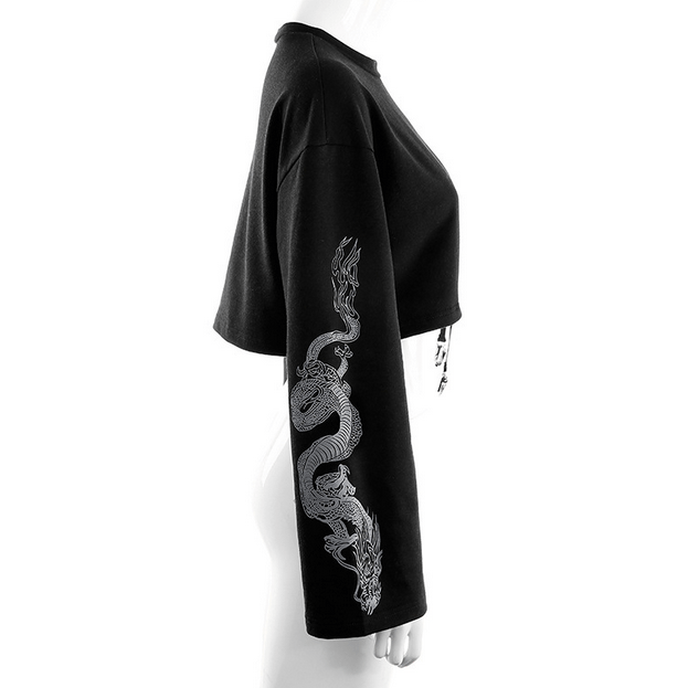 Kobine Women's Gothic Chinese Style Dragon Printed Long Sleeved Tee