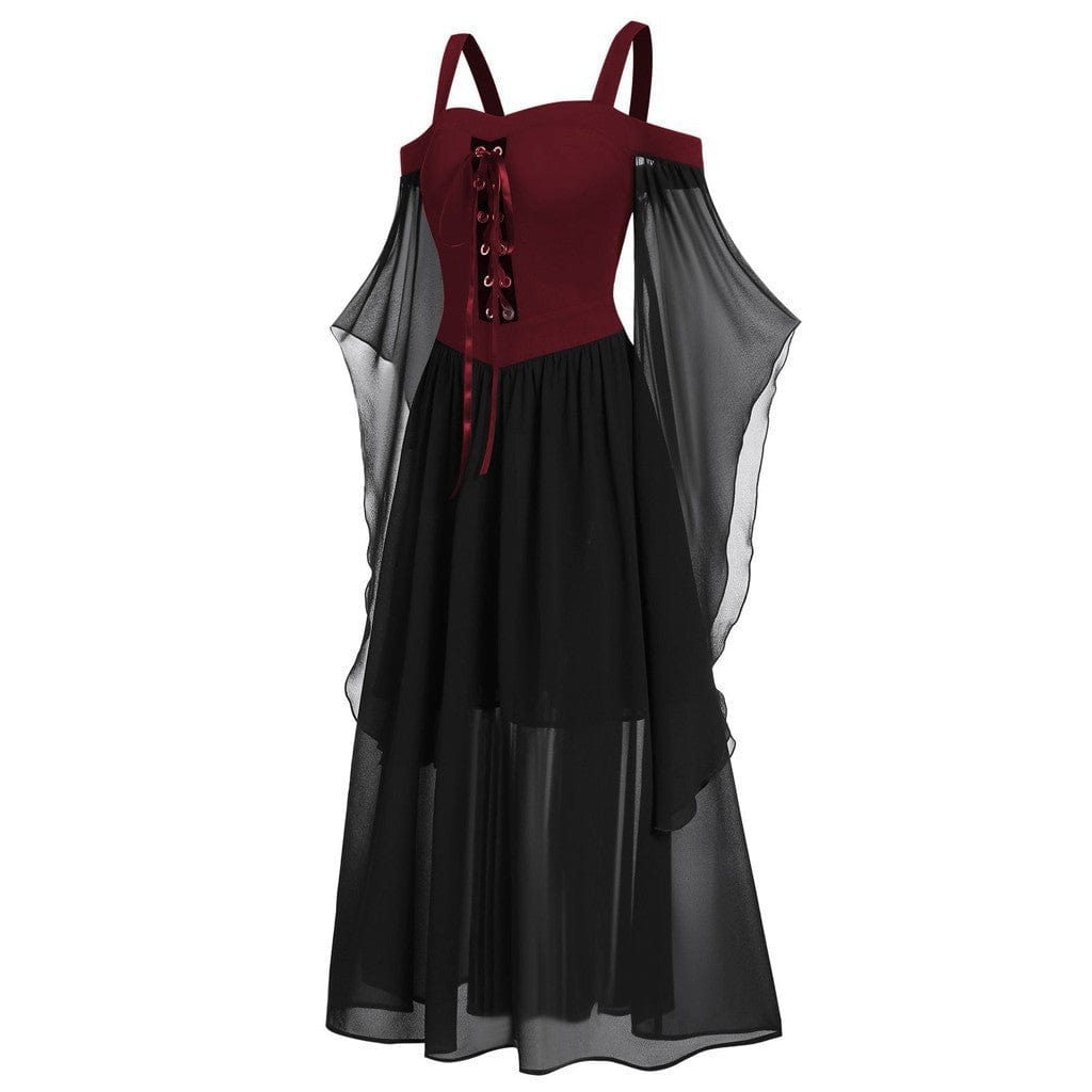 Kobine Women's Gothic Contrast Color Flared Sleeved Witch Slip Dress