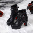 Kobine Women's Gothic Cross Buckle Strap Lace-Up Two-Tone Platform Ankle Boots