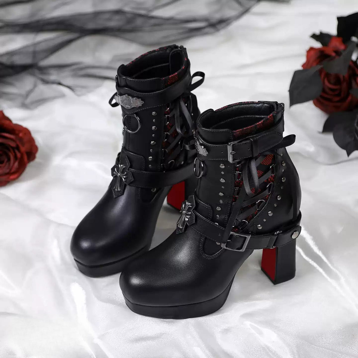 Kobine Women's Gothic Cross Buckle Strap Lace-Up Two-Tone Platform Ankle Boots