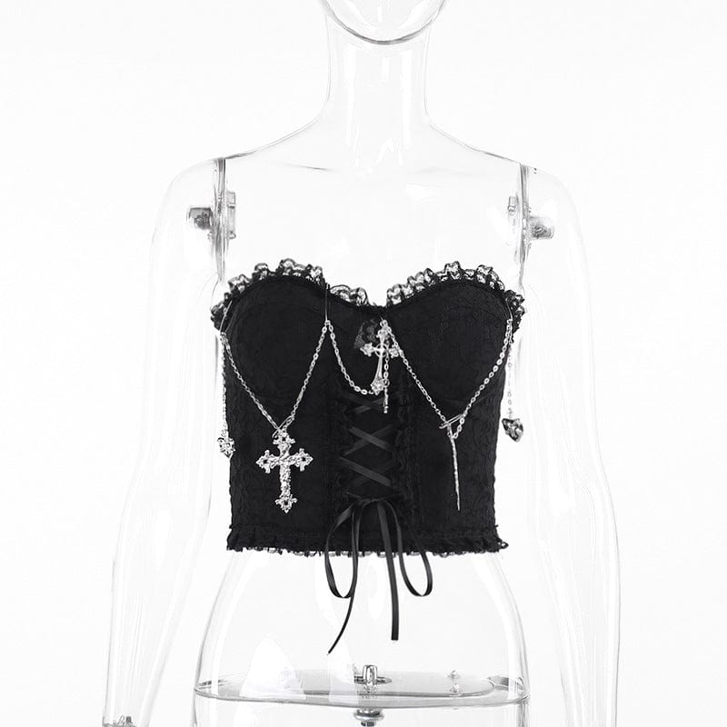 Kobine Women's Gothic Cross Chain Lace Bustier