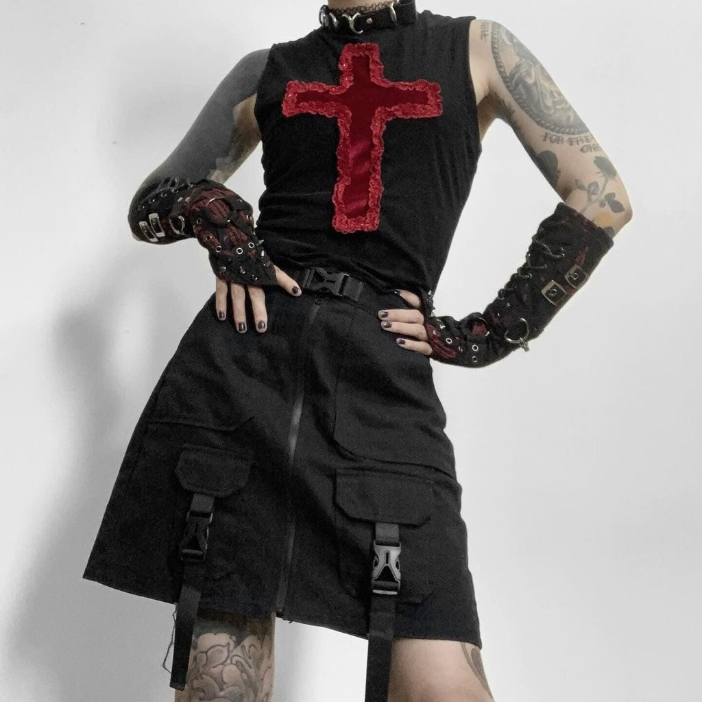 Kobine Women's Gothic Cross Lace Splice Mesh Tank Top