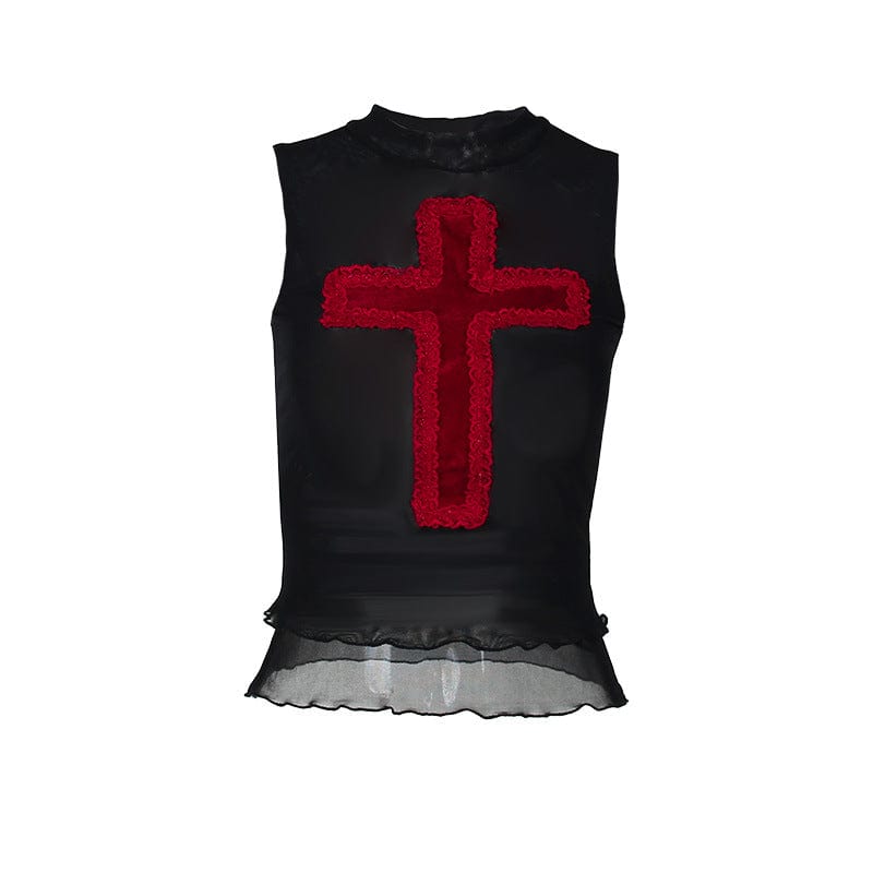 Kobine Women's Gothic Cross Lace Splice Mesh Tank Top