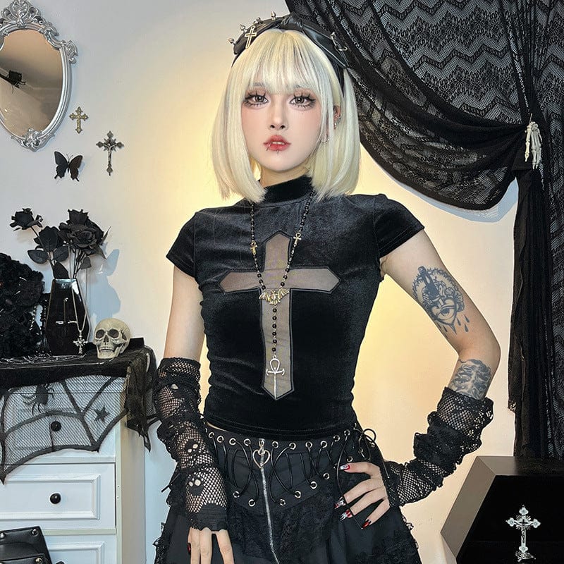 Kobine Women's Gothic Cross Mesh Splice Velvet Shirt