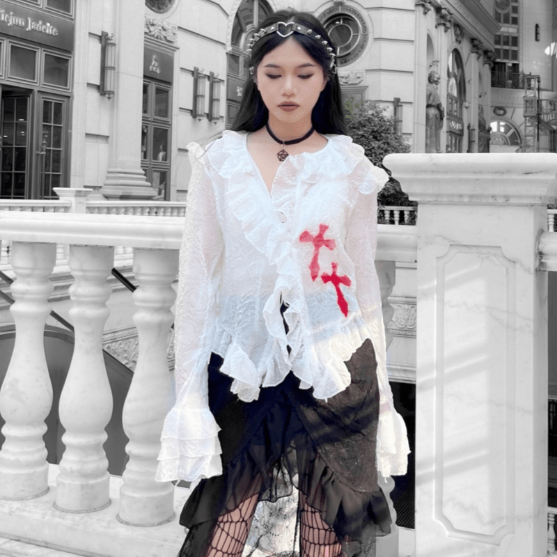 Kobine Women's Gothic Cross Printed Ruffled Sheer Shirt
