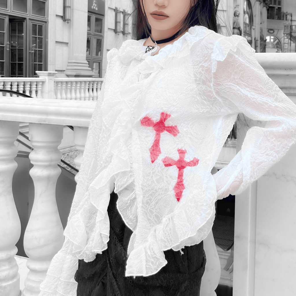 Kobine Women's Gothic Cross Printed Ruffled Sheer Shirt