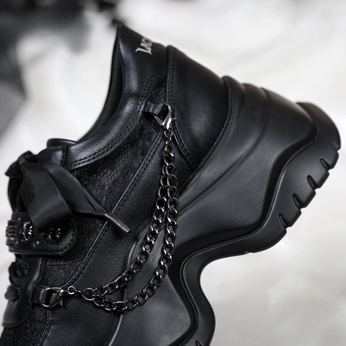 Kobine Women's Gothic Cross Stud Chain Lace-up Platform Sneakers