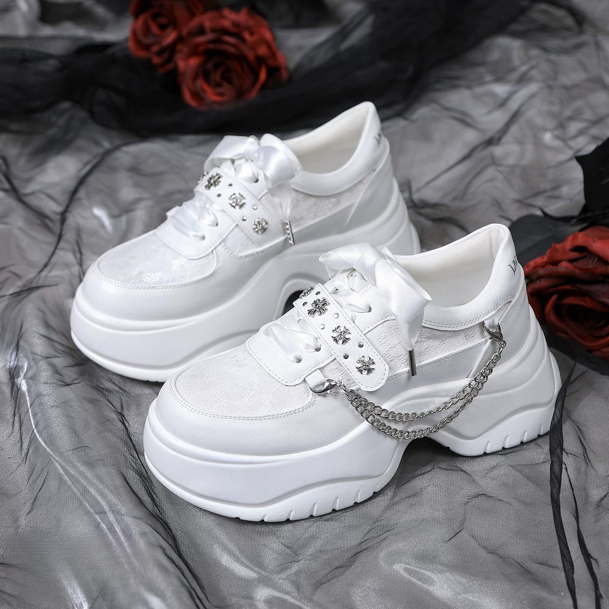Kobine Women's Gothic Cross Stud Chain Lace-up Platform Sneakers