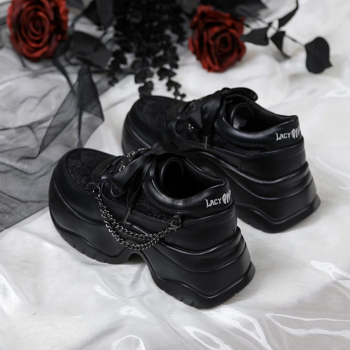 Kobine Women's Gothic Cross Stud Chain Lace-up Platform Sneakers