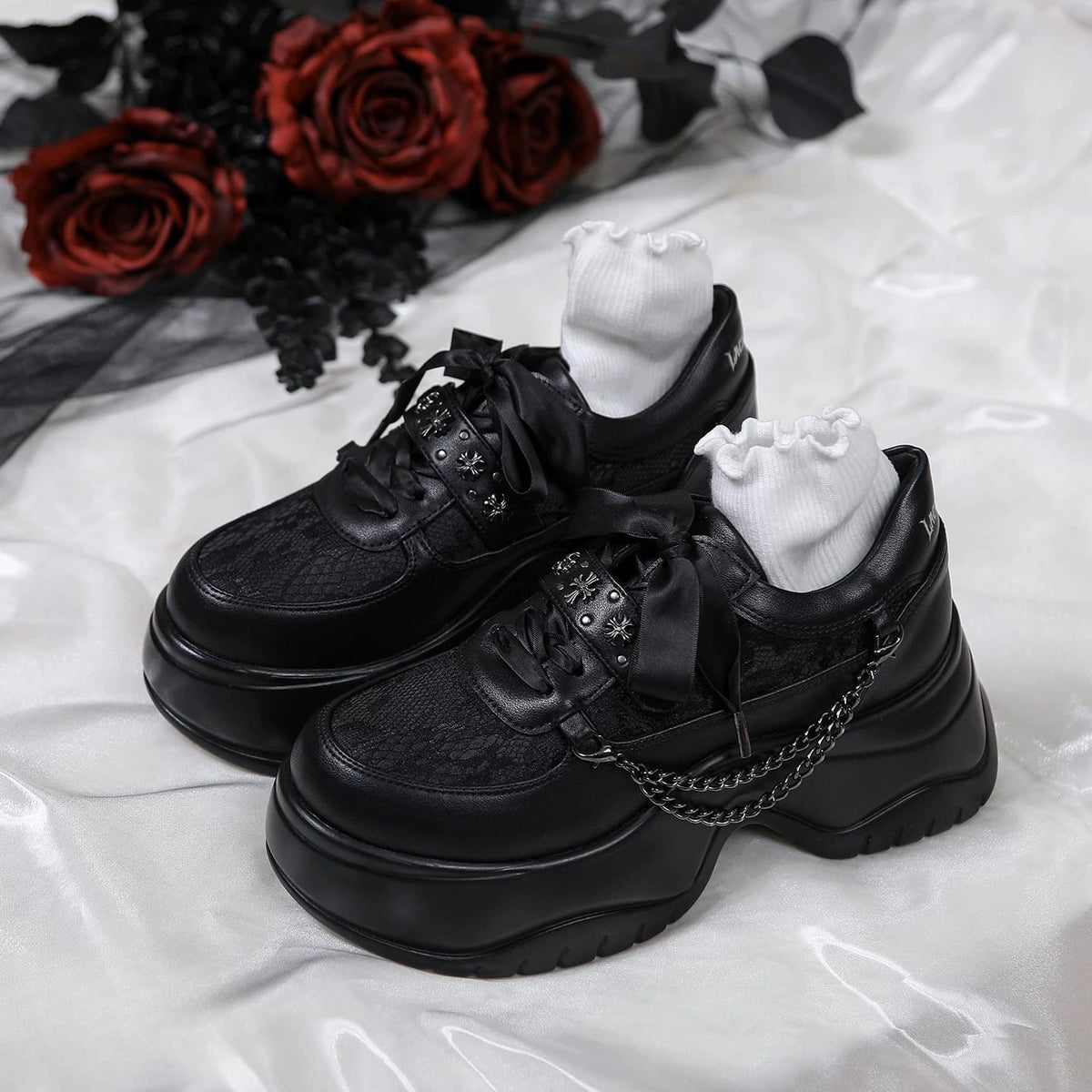 Kobine Women's Gothic Cross Stud Chain Lace-up Platform Sneakers