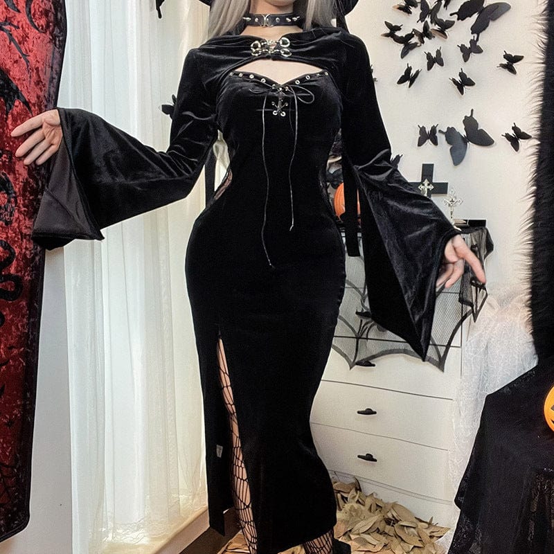 Kobine Women's Gothic Cutout Flare Sleeved Split Dress