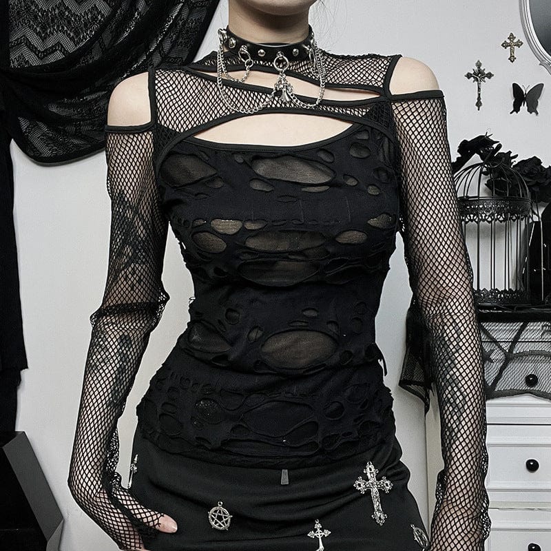Kobine Women's Gothic Cutout Mesh Splice Ripped Shirt