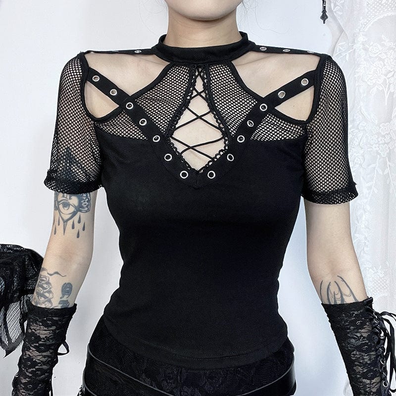 Kobine Women's Gothic Cutout Mesh Splice Shirt