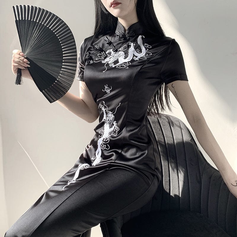 Kobine Women's Gothic Dragon Embroidered Cheongsam Dress