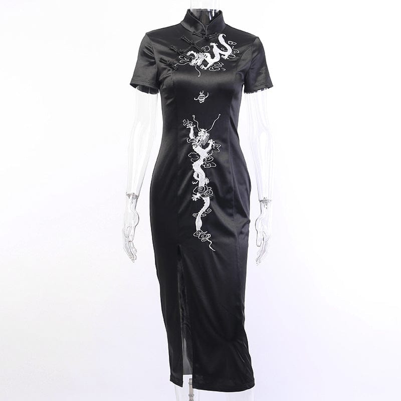 Kobine Women's Gothic Dragon Embroidered Cheongsam Dress