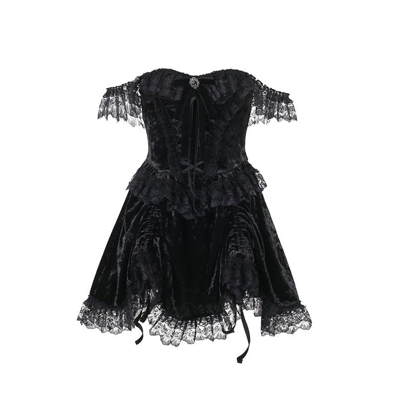 Kobine Women's Gothic Drawstring Lace Splice Velvet Dress