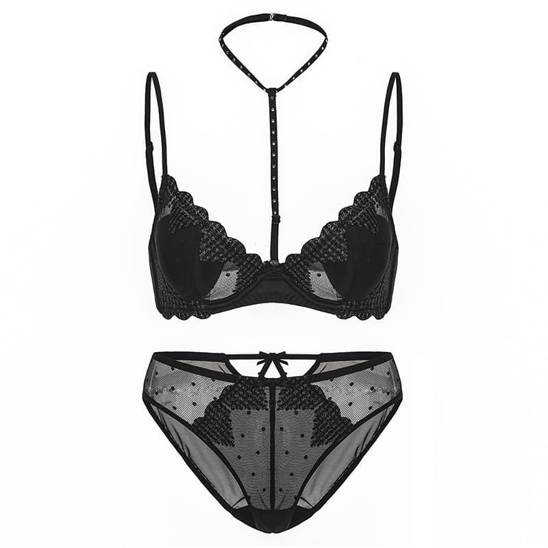 Kobine Women's Gothic Embroidered Heart Mesh Lingerie Set