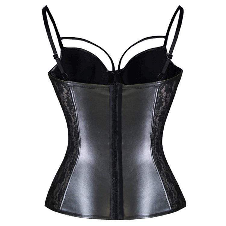 Kobine Women's Gothic Faux Leather Splicing Floral Lace Overbust Corsets With T-back