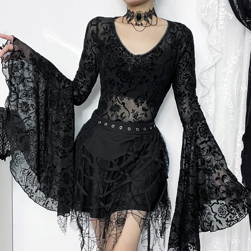 Kobine Women's Gothic Flare Sleeved Flocking Bodysuit