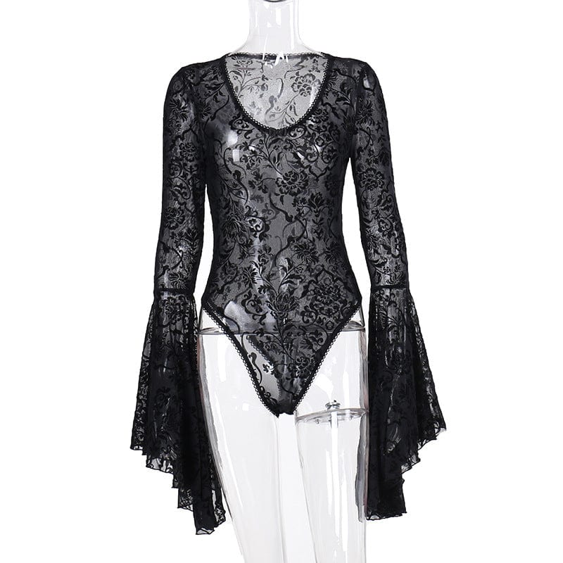 Kobine Women's Gothic Flare Sleeved Flocking Bodysuit