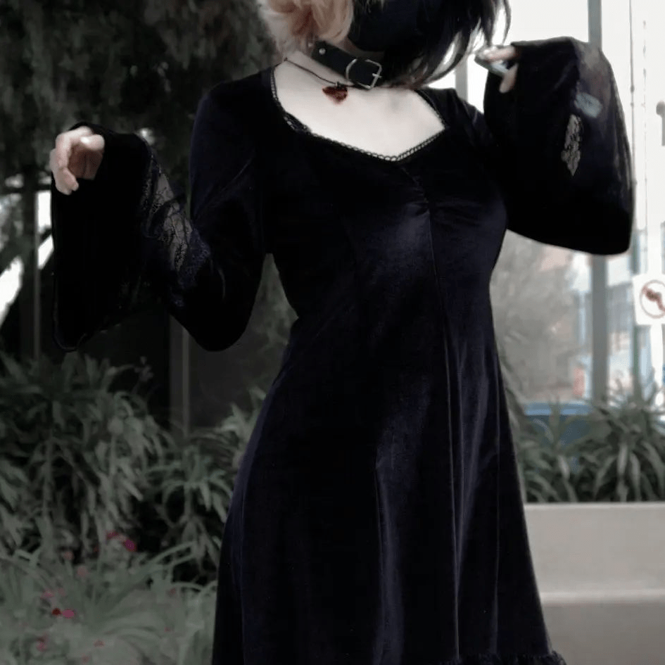 Kobine Women's Gothic Flare Sleeved Lace Splice Velvet Dress