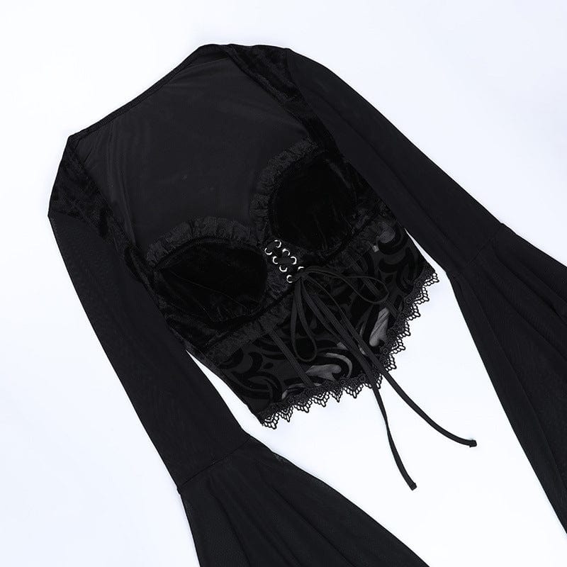 Kobine Women's Gothic Flare Sleeved Mesh Splice Velvet Shirt