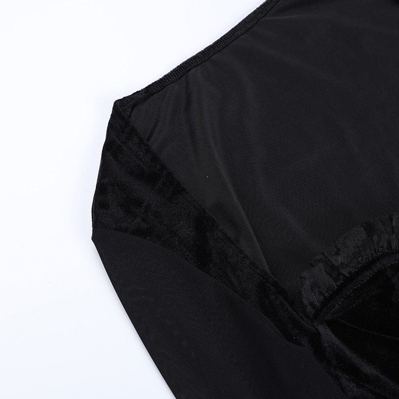Kobine Women's Gothic Flare Sleeved Mesh Splice Velvet Shirt