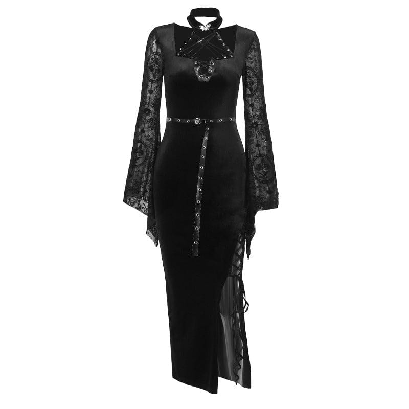 Kobine Women's Gothic Flare Sleeved Velvet Slit Maxi Dress