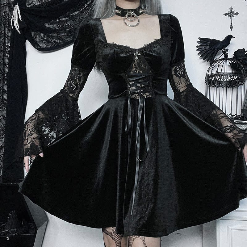 Kobine Women's Gothic Flared Sleeved Lace Splice Velvet Dress