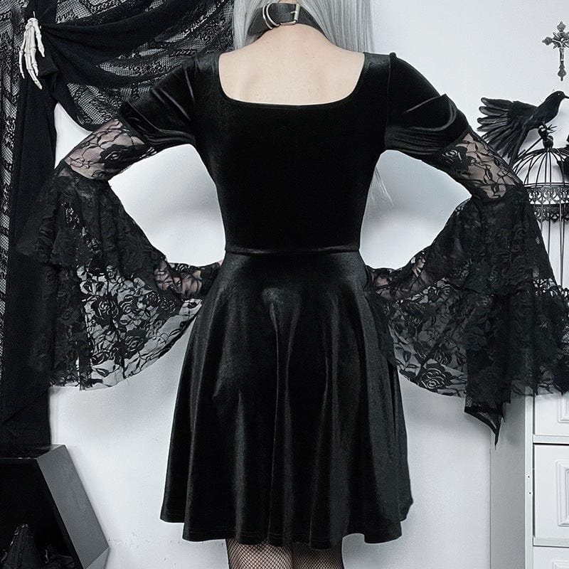 Kobine Women's Gothic Flared Sleeved Lace Splice Velvet Dress