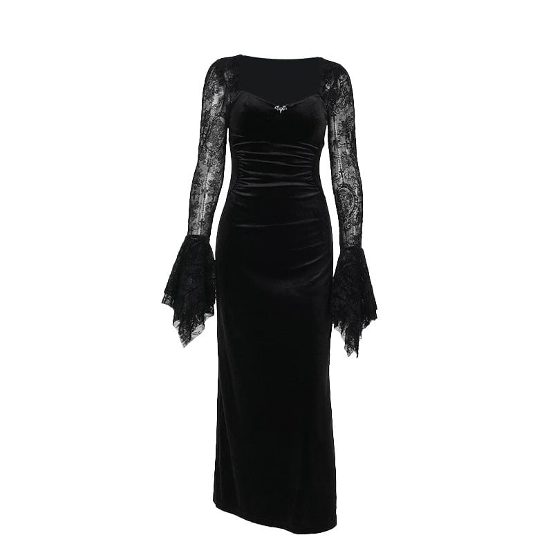 Kobine Women's Gothic Flared Sleeved Lace Splice Velvet Dress