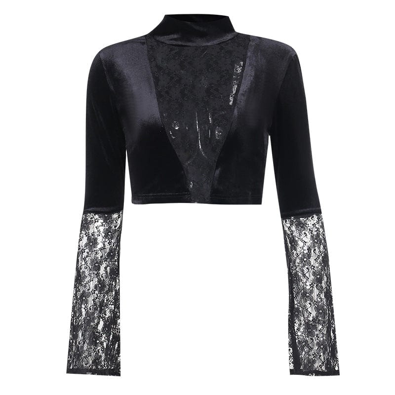 Kobine Women's Gothic Flared Sleeved Lace Splice Velvet Shirt
