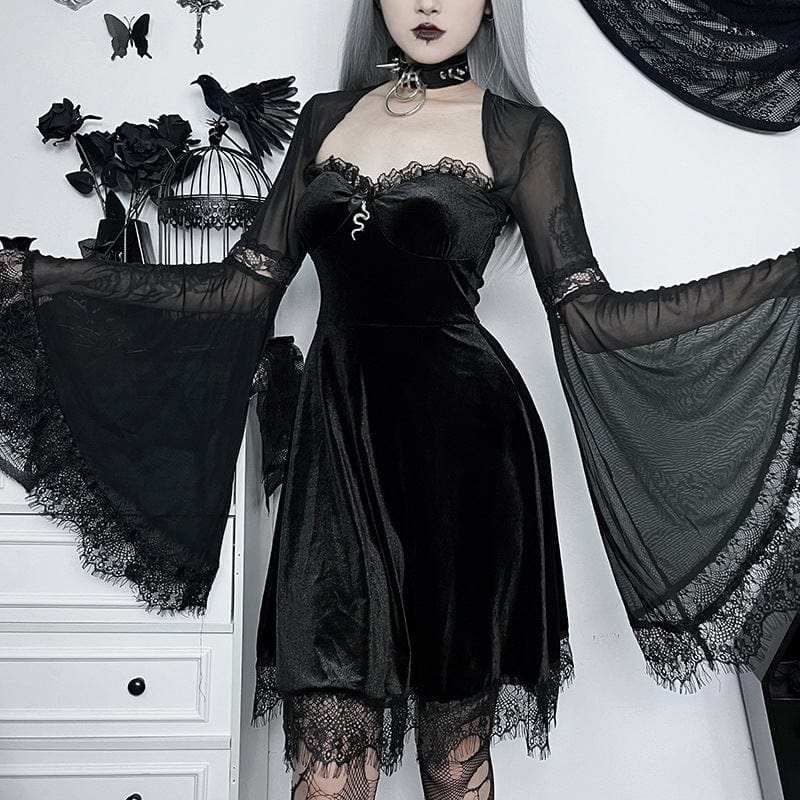 Kobine Women's Gothic Flared Sleeved Mesh Splice Velvet Dress