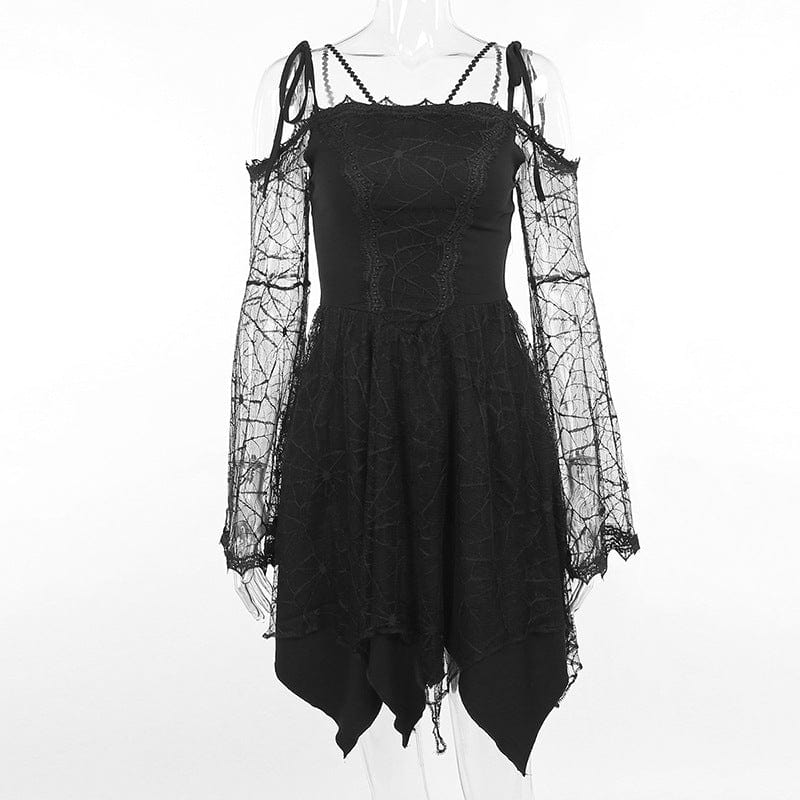 Kobine Women's Gothic Flared Sleeved Spider Web Lace Dress