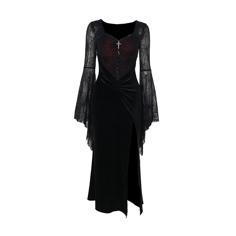 Kobine Women's Gothic Flared Sleeved Velvet Splice Witch Dress