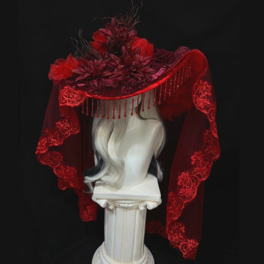 Kobine Women's Gothic Floral Beaded Tassel Wide Brim Veiled Hat