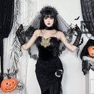 Kobine Damen-Tanktop aus Samt mit Gothic-Blumenstickerei und Kette