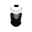 Kobine Damen-Tanktop aus Samt mit Gothic-Blumenstickerei und Kette