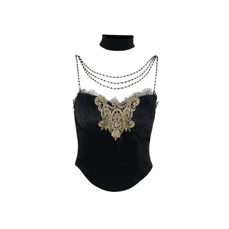 Kobine Women's Gothic Floral Embroidered Chain Velvet Tank Top