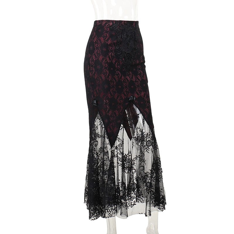 Kobine Women's Gothic Floral Embroidered Lace Splice Fishtail Skirt