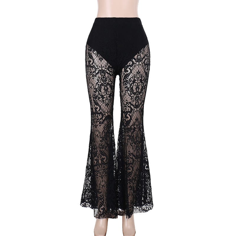 Kobine Women's Gothic Floral Lace Splice Flared Pants