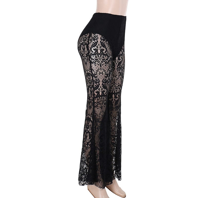 Kobine Women's Gothic Floral Lace Splice Flared Pants