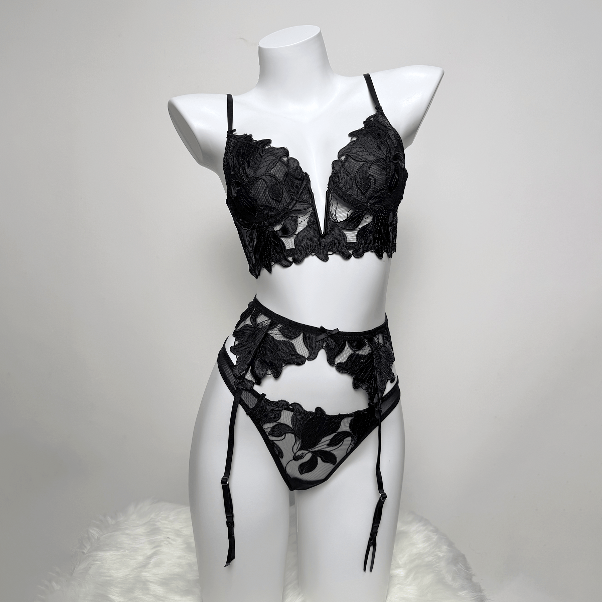 Kobine Women's Gothic Floral Mesh Embroidered Lace Lingerie Set