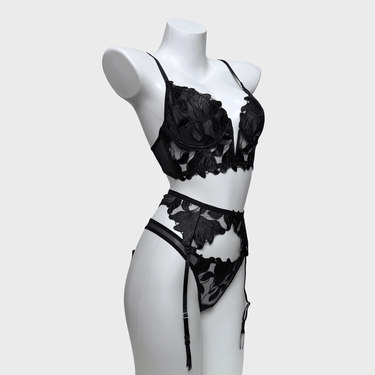 Kobine Women's Gothic Floral Mesh Embroidered Lace Lingerie Set
