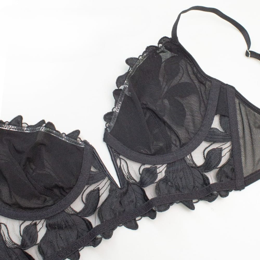 Kobine Women's Gothic Floral Mesh Embroidered Lace Lingerie Set
