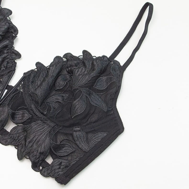Kobine Women's Gothic Floral Mesh Embroidered Lace Lingerie Set