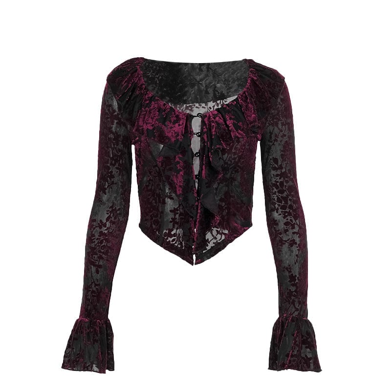 Kobine Women's Gothic Floral Mesh Long Sleeved Shirt Black Red