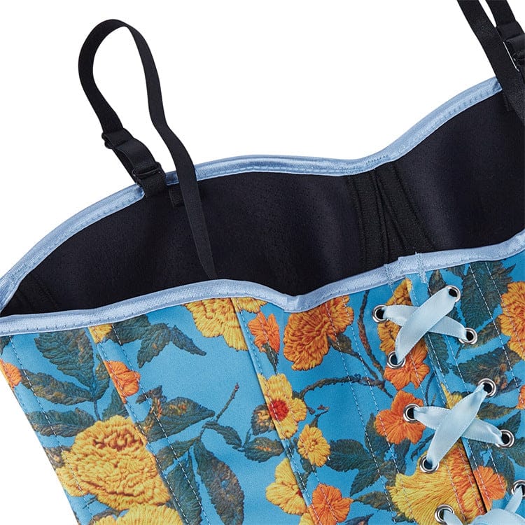 Kobine Women's Gothic Floral Printed Side Zipper Lace-up Overbust Corset