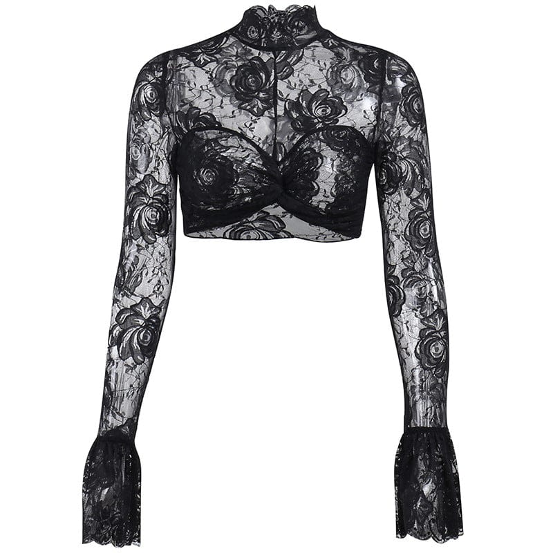 Kobine Women's Gothic Floral Sheer Lace Shirt