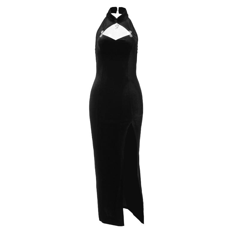 Kobine Damen Gothic Neckholder Cutout Slit Maxikleid